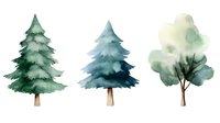 Watercolor forest trees collection featuring pine and deciduous trees in soft green and blue tones, artistic botanical elements for nature-themed designs.