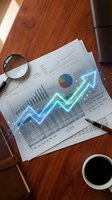 Glowing neon upward arrow overlay on financial charts and graphs displayed on wooden desk with magnifying glass, pen, coffee cup, and leather notebook for business analytics and growth visualization.