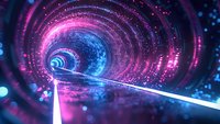 Futuristic digital tunnel with glowing neon pink and blue lights creating a dynamic spiral effect. Perfect for technology backgrounds, digital transformation concepts and sci-fi designs.