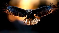 Majestic bald eagle soaring with outstretched wings against golden sunset sky. Powerful bird of prey in flight showcasing detailed feathers and talons.