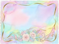 Pastel watercolor background with gold frame and delicate floral arrangement, roses and leaves in soft pink, blue, and yellow tones.
