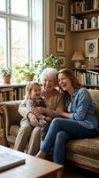 Three generation family enjoying quality time together on cozy living room sofa with books and plants creating warm homey atmosphere for bonding moments.