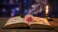 Open book with pink rose, burning candle, and incense smoke on wooden table with blurred bokeh background. Suitable for literature, spirituality, romance, and wellness content.