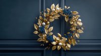 Elegant holiday wreath with golden leaves and blue berries on dark navy door, festive seasonal home decoration for winter celebrations.