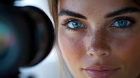 Young blonde woman photographer with blue eyes and freckles holding professional camera lens close-up portrait for photography business marketing.