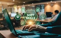 Professional development concept with soft skills hexagonal icons overlay on businessman using laptop in modern office environment for corporate training materials.