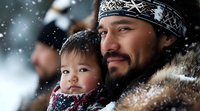 Native American man with beard wearing traditional headband holds young child in winter scene with falling snow, capturing cultural heritage and family bonds in outdoor setting.