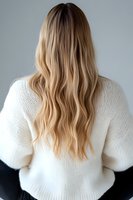 Back view of long wavy blonde hair on young woman wearing white knitted sweater against grey background, showcasing modern balayage hair coloring technique.