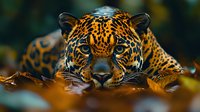 Close-up portrait of jaguar with intense stare through autumn leaves. Striking spotted coat pattern and piercing green eyes create dramatic wildlife composition.