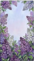 Lilac flowers frame a light lavender background with blooms in shades of purple and white, featuring green foliage. Suitable for greeting cards, invitations, and spring designs.