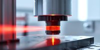 Industrial laser cutting machine with red beam processing metal sheet in modern manufacturing facility for precision engineering applications.