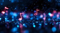 Glowing pink musical notes floating over dark background with blue bokeh lights and sparkles, creating magical atmosphere for music and entertainment concepts.