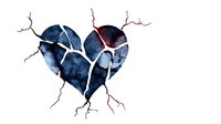 Watercolor broken heart with dark blue shades and red cracks, symbolizing emotional pain and heartbreak. Lightning-like fractures spread across surface on white background.