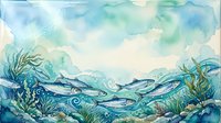 Underwater ocean scene with swimming fish and seaweed in watercolor style. Marine life illustration for educational materials and nature projects.