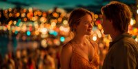 Young couple sharing romantic moment with city lights bokeh background at night creating intimate atmosphere for dating and relationship concepts.