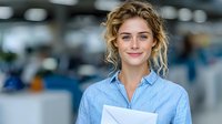 Young professional Caucasian businesswoman with curly blonde hair holding documents in modern office environment for corporate presentations.