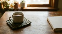Steaming mug of coffee on knitted coaster beside open notebook on wooden desk, warm home office setting for work and creativity.