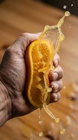 Hand holding sliced orange with juice dripping, fresh citrus fruit splash against warm wooden background, ideal for beverage and healthy lifestyle marketing.