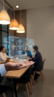 Businessman holding holographic digital interface with network diagram in modern office meeting room with pendant lighting and colleagues in background.