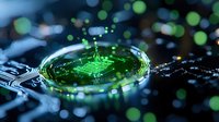Glowing green microchip on circuit board with bokeh light effects in dark background, futuristic technology concept for computing and electronics.