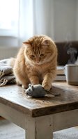 Ginger tabby cat playing with knitted mouse toy on wooden table in bright living room with natural window light and cozy home decor.