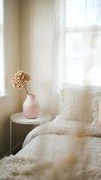 Serene bedroom corner with dried baby's breath flowers in pink vase on nightstand, soft natural light from window, neutral bedding and minimalist decor for home interior design.