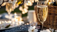 Sparkling champagne flute with bubbles against blurred spring blossom background, romantic outdoor celebration setting with bokeh lights and white flowers.