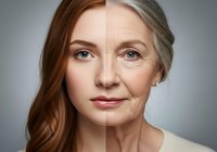 Aging process comparison showing woman's face split between young and elderly appearance, highlighting skin transformation and passage of time.