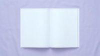 Open blank book with empty white pages on purple background, mockup template for publishing, education, reading and literature projects.
