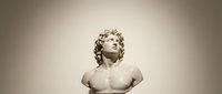 Marble bust sculpture of young male with curly hair against neutral background, suitable for classical art, museum, education, and historical design projects.