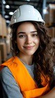 Young female warehouse worker with curly dark hair wearing safety helmet and orange vest smiles confidently in storage facility. Professional portrait for labor and industry.