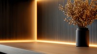 Minimalist interior corner with warm LED lighting and dried flowers in black vase on wooden surface against striped wall, modern architectural design.