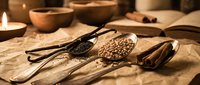 Wooden spoons filled with aromatic spices and vanilla beans on rustic kitchen table. Warm candlelight creates cozy cooking atmosphere for culinary preparations.