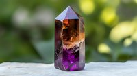 Crystal point with vibrant purple and amber zones stands against blurred natural green background, showcasing healing stone's translucent layers and faceted structure.