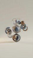 Abstract geometric shapes floating in neutral space with spheres rings and polyhedron in muted tones for modern design and contemporary art projects.