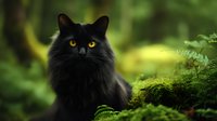 Majestic black cat with amber eyes sitting among lush green moss in a forest setting, creating a mystical woodland atmosphere.