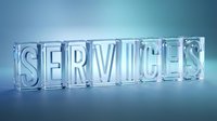Word SERVICES in glossy glass blocks on blue background, modern corporate concept for business, web design, and presentations.