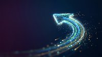 Glowing digital arrow made of blue particles and light trails pointing upward on dark background for business growth and success concepts.