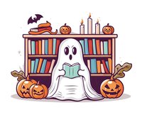 Cute ghost reading book among pumpkins and bookshelf decorated with Halloween elements, candles and autumn leaves. Cozy spooky cartoon illustration for seasonal design.