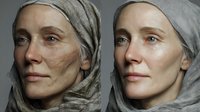 Aging process comparison showing mature woman with wrinkles and same woman with smooth skin, both wearing light gray head covering.