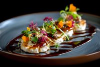 Gourmet appetizer with seared scallops on blue plate, garnished with microgreens, edible flowers, and drizzled with balsamic reduction sauce against dark background.