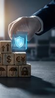 Businessman hand placing glowing shield cube on wooden blocks with financial and security symbols representing business protection and risk management.