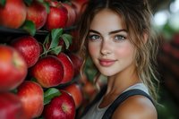 Young woman with natural makeup and messy updo hairstyle smiling in apple orchard surrounded by ripe red apples on branches during harvest season.