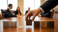 Businessman hand selecting wooden cube with scales of justice symbol from row of blocks during corporate meeting in modern office boardroom.