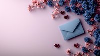 Blue envelope surrounded by pink and blue flowers with chocolate candies on pink background, romantic composition for love letter or wedding invitation.