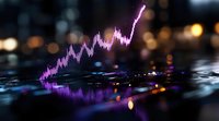 Glowing purple financial chart with upward trend reflected on dark wet surface with colorful bokeh lights creating modern business atmosphere.