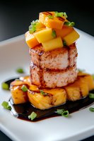 Grilled pork tenderloin medallions stacked with caramelized mango chunks and green onion garnish, served on white plate with balsamic reduction sauce.