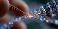 Glowing fiber optic connection with blue bokeh light effect and fingers holding delicate strands against dark background, representing digital communication technology.
