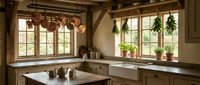 Rustic farmhouse kitchen interior with wooden beams, copper pots, herb plants on windowsill, white countertops and traditional country home design elements.