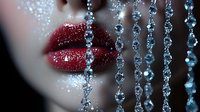 Sensual red lips with glitter and crystal beads decoration on black background, glamour beauty fashion makeup close-up with water drops and sparkles.